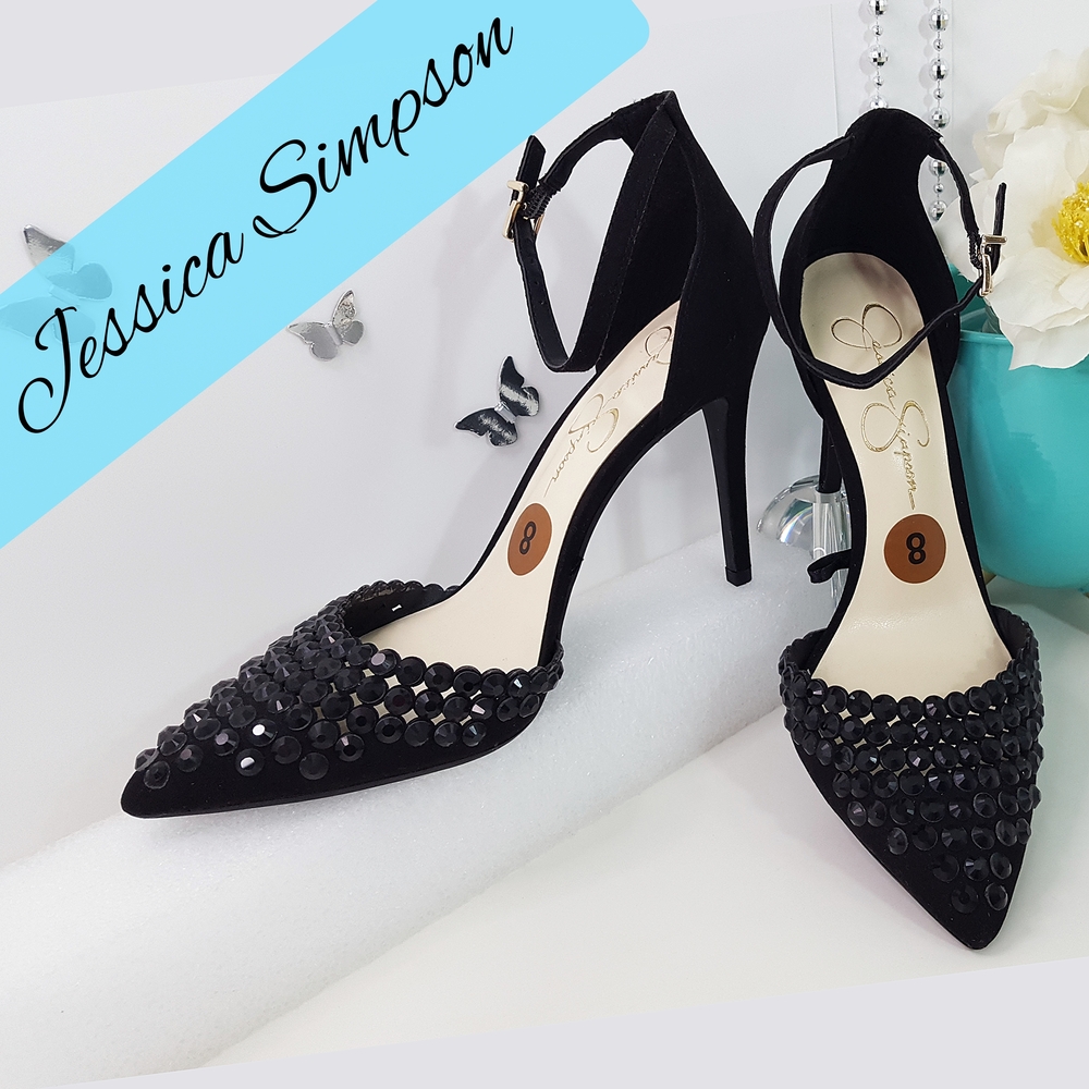 NW🔥Jessica Simpson💋Heels Stiletto Pump|Black Rehinstone|Pointy Toe
